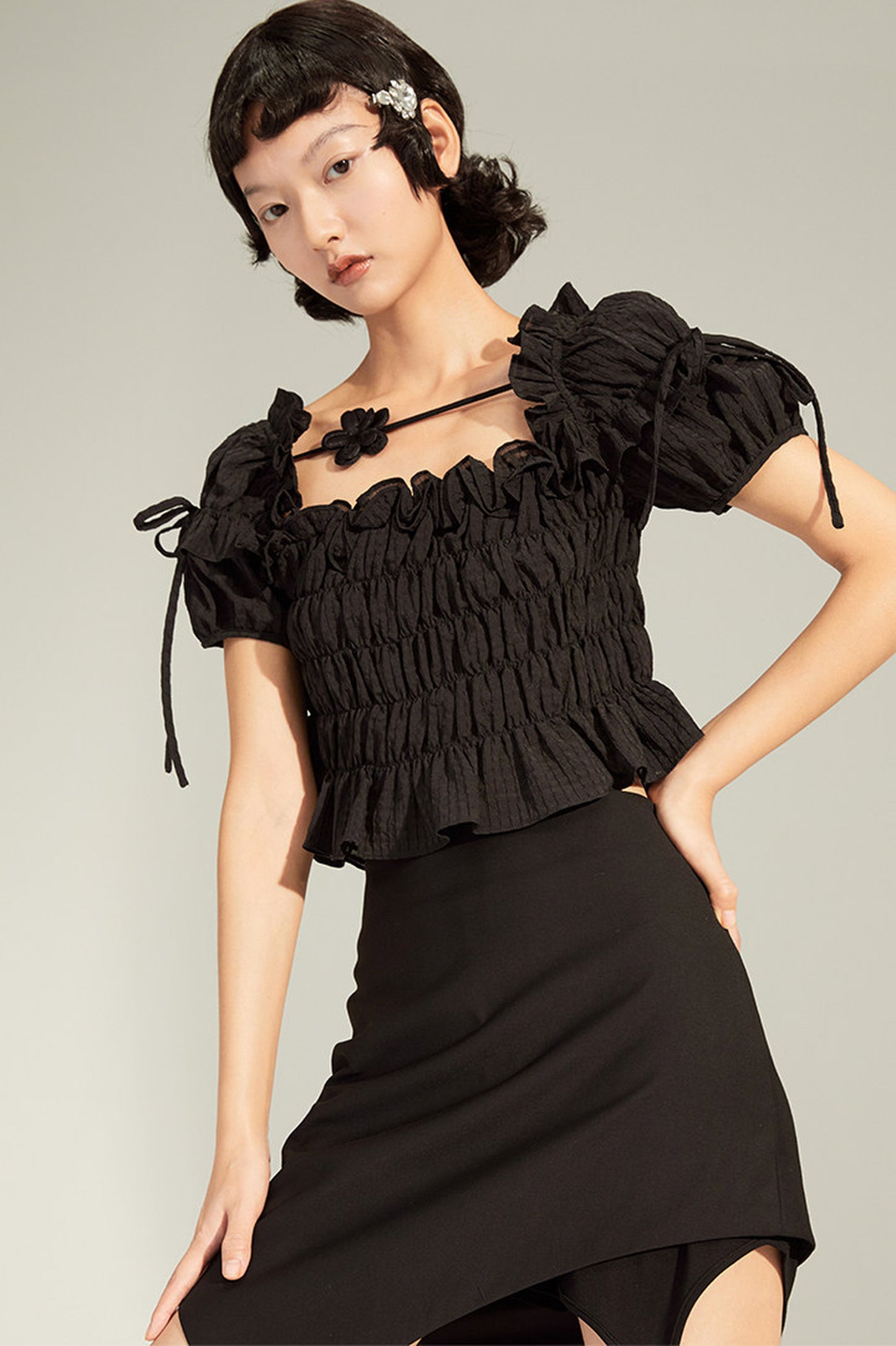 French-Style Black Ruffled Smocked Blouse