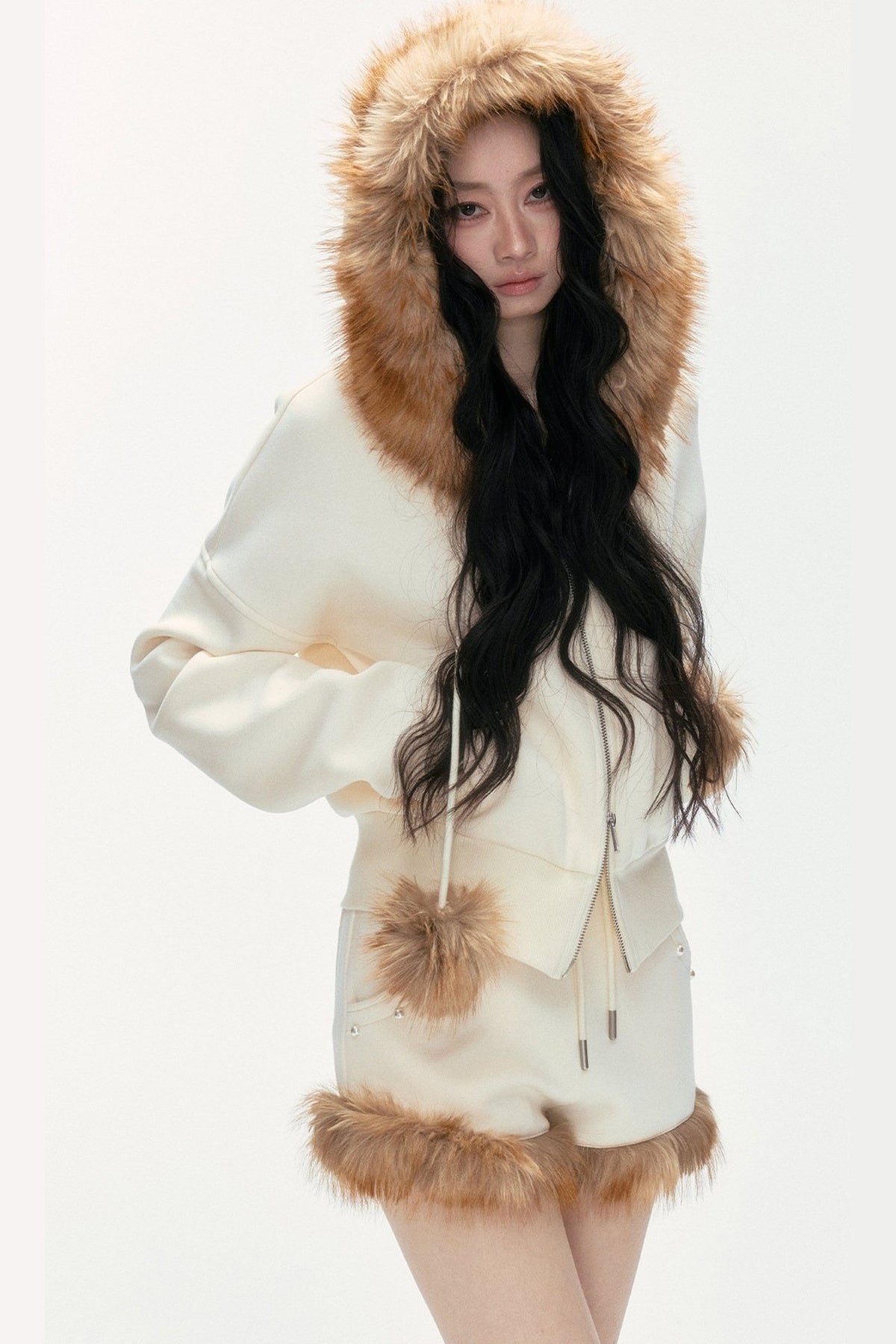 Studded Embroidered Detachable Fur Collar Sweatshirt And Shorts Set-Up