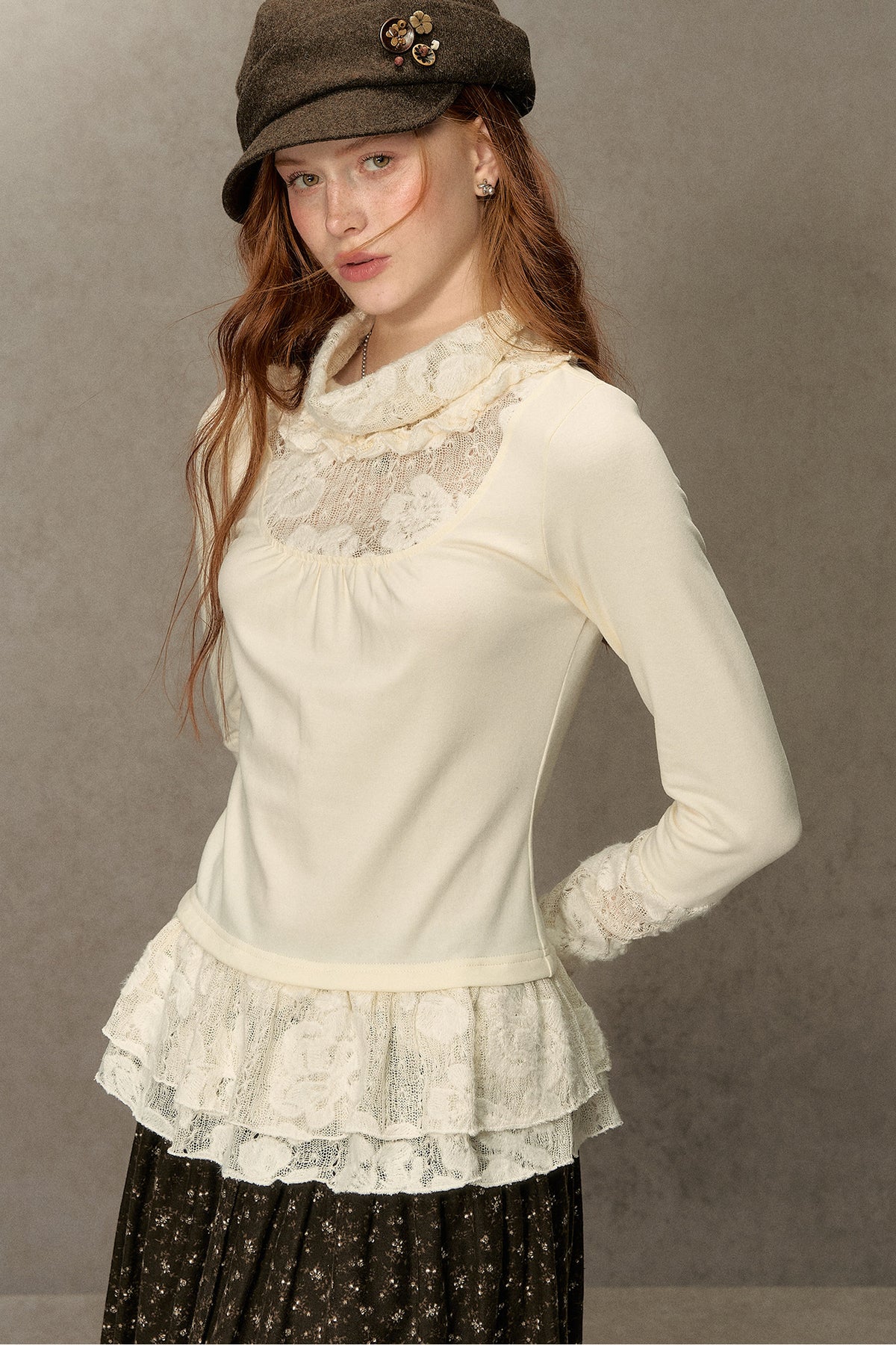 High-Neck Lace Edging Base Layer Top