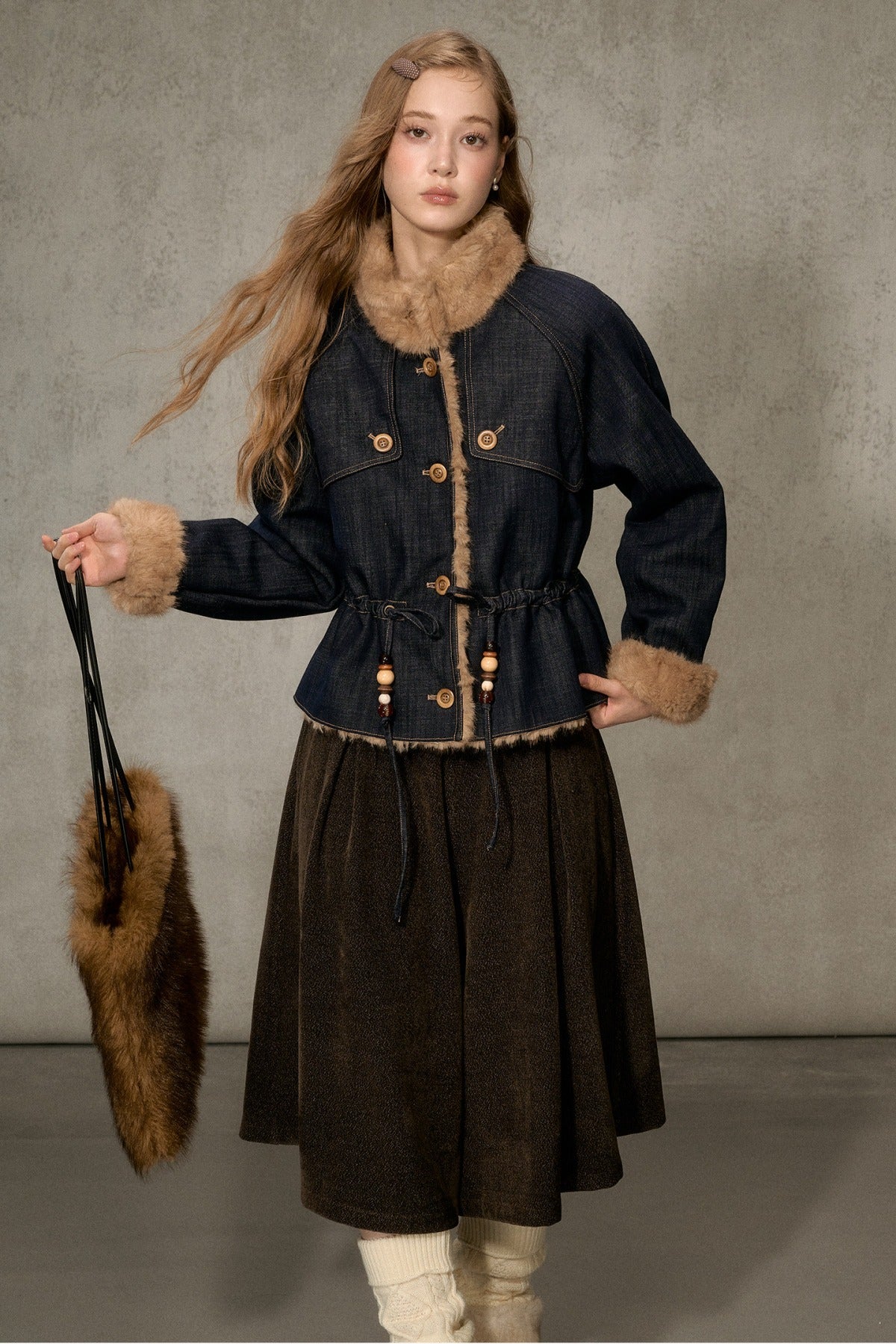 Fur Collar Denim Drawstring Jacket