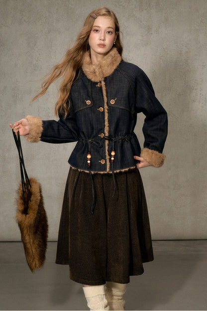 Fur Collar Denim Drawstring Jacket