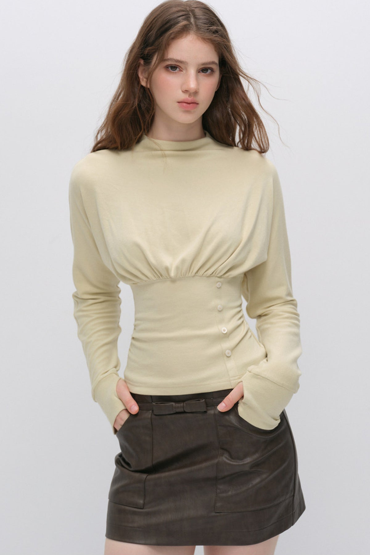 Pleated Side Button Knit Top and Skirt Set-Up
