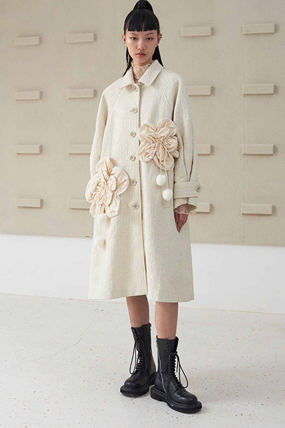 Floral Pleated Wool Coat