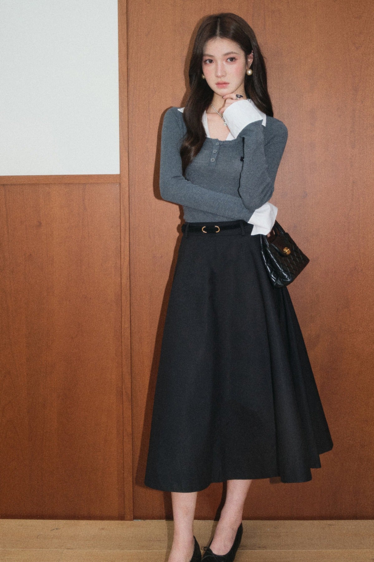 Gray Knit Top and Black A-Line Skirt Set-Up