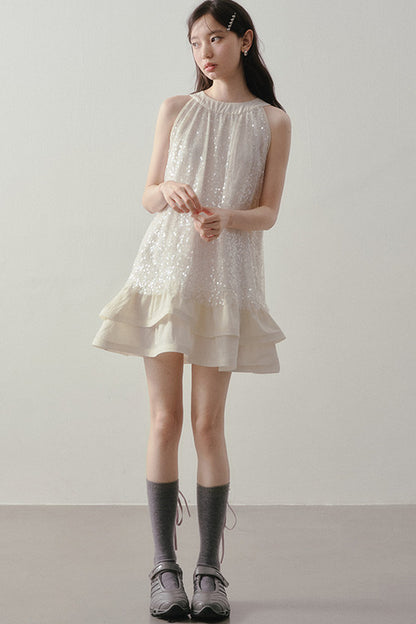 Sequin Halter A-Line Ruffle Short Dress