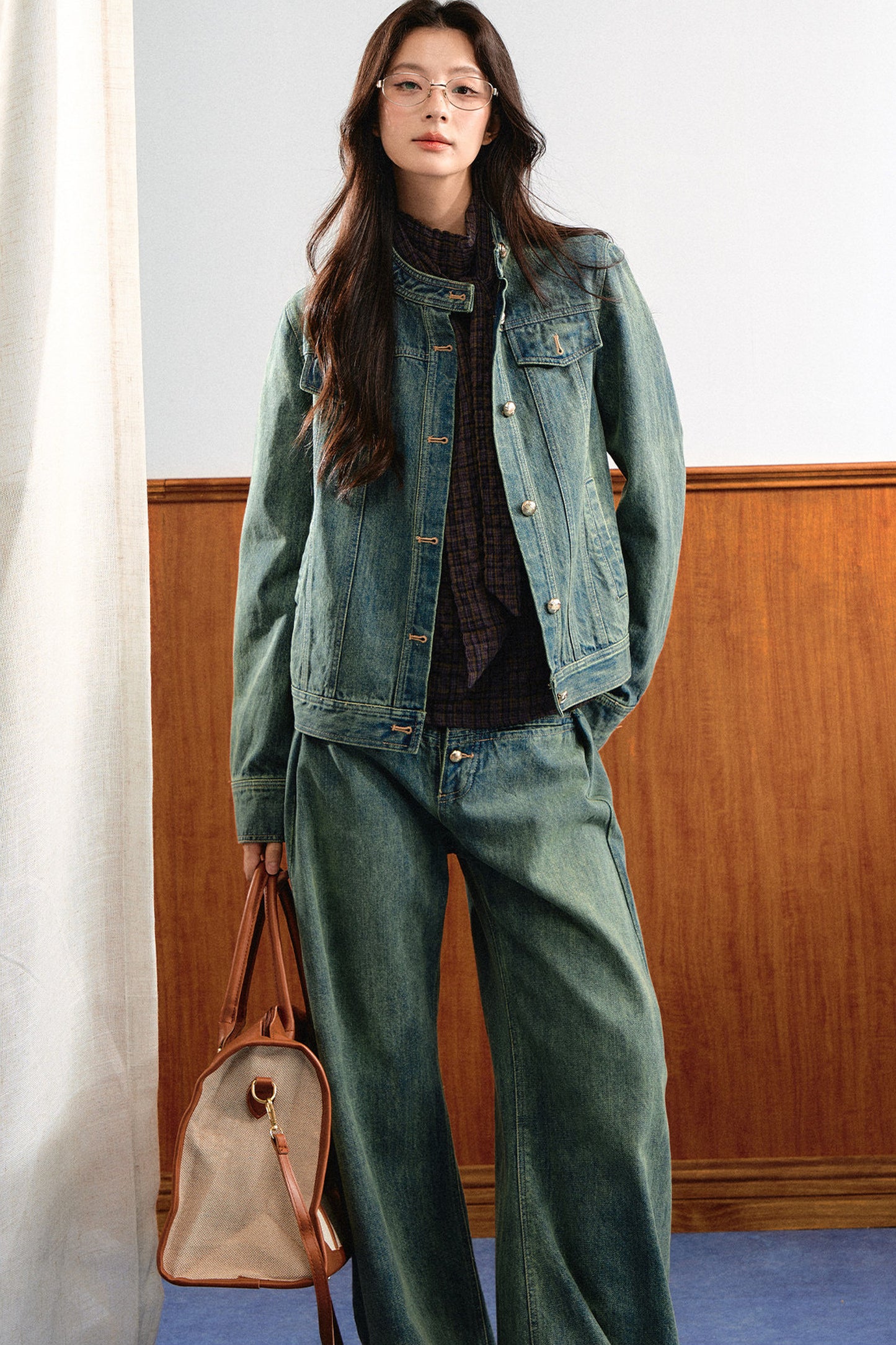Retro Washed Denim Top and Wide-Leg Pants Set-Up