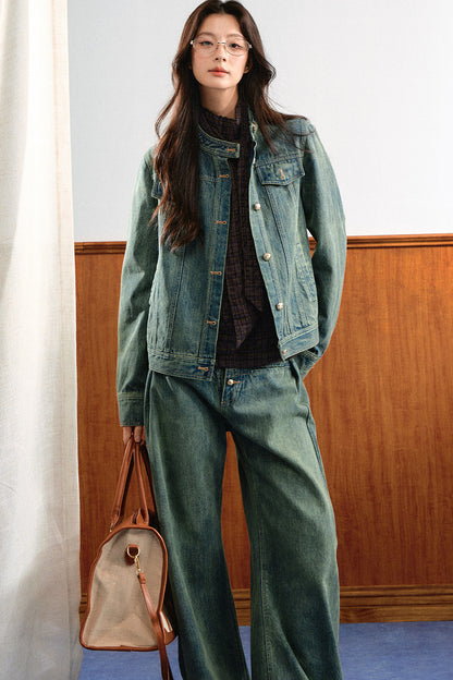 Retro Washed Denim Top and Wide-Leg Pants Set-Up