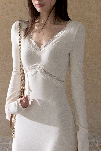 A-Line Lace Splicing Knit Long-Sleeve Dress