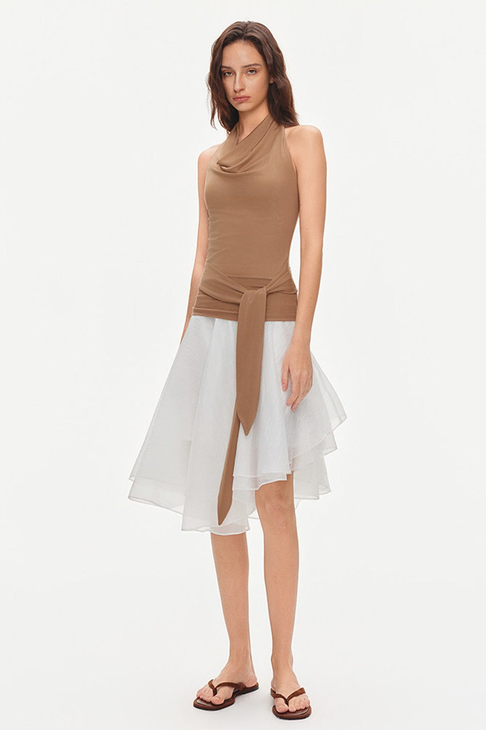 Asymmetrical Tie Waist Sheer Midi Skirt