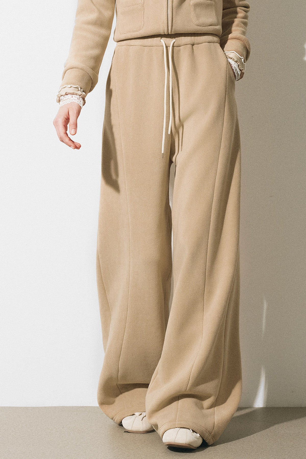 Oatmeal Fleece Hooded Sweatshirt Jacket and Wide-Leg Pants Set-Up