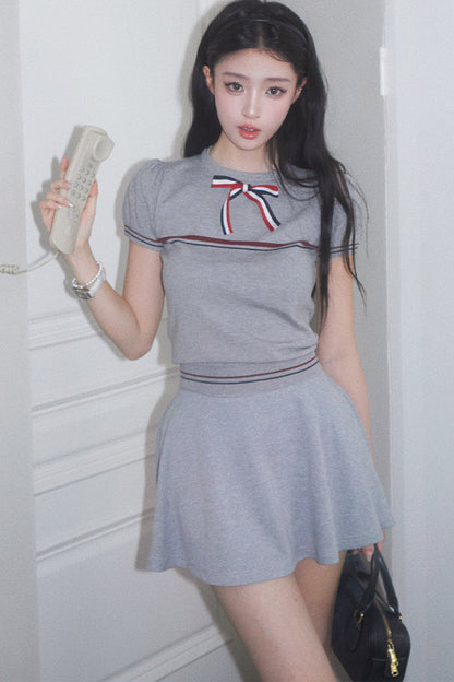 Gray Bow-Knit Top and Skirt Set-Up