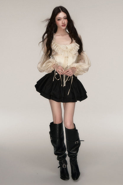 Beiges Spitzen-Jacquard-Korsettoberteil mit Schnürung