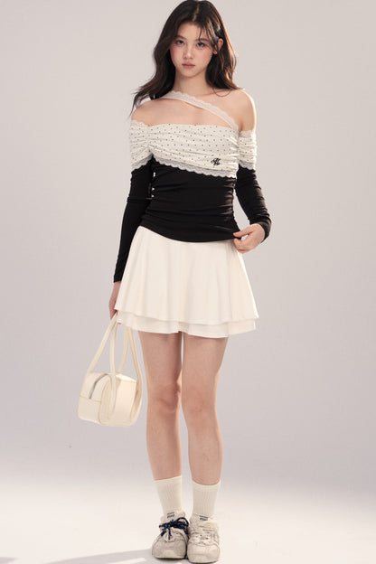 Polka Dot Spliced Lace Off-Shoulder T-Shirt