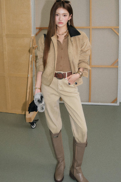 Faux Suede Woven Collar Jacket and Pants Set-Up