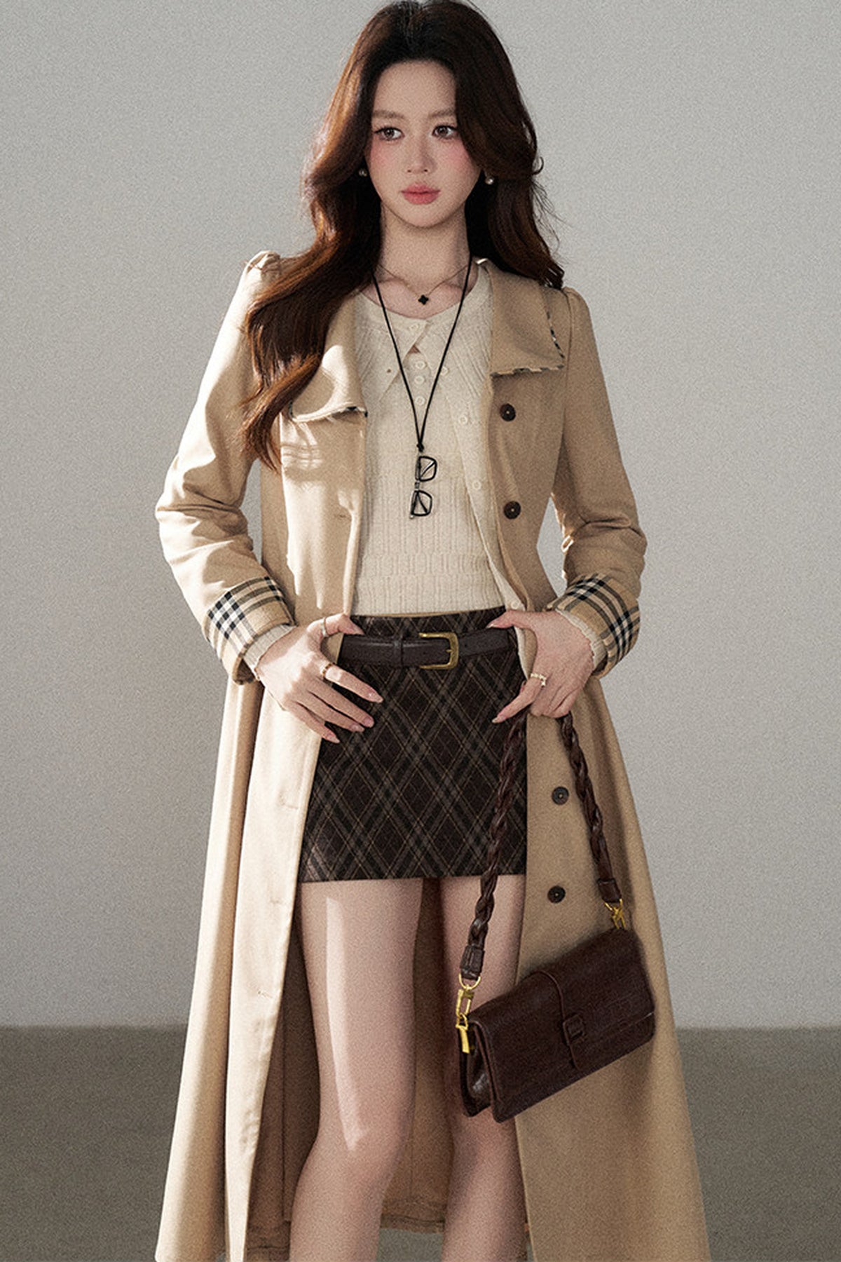 Long Sleeve Single-Breasted Trench Coat, Top and Skirt