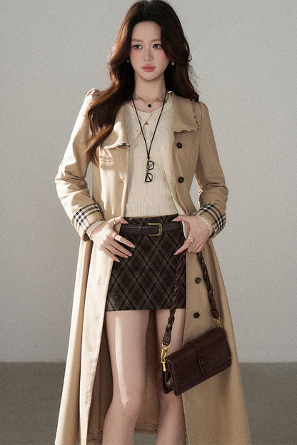 Long Sleeve Single-Breasted Trench Coat, Top and Skirt
