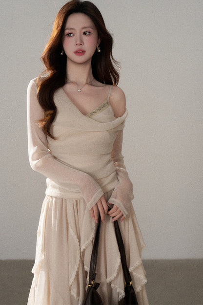 Off-Shoulder Rhinestone Knit Top and Skirt Set-Up