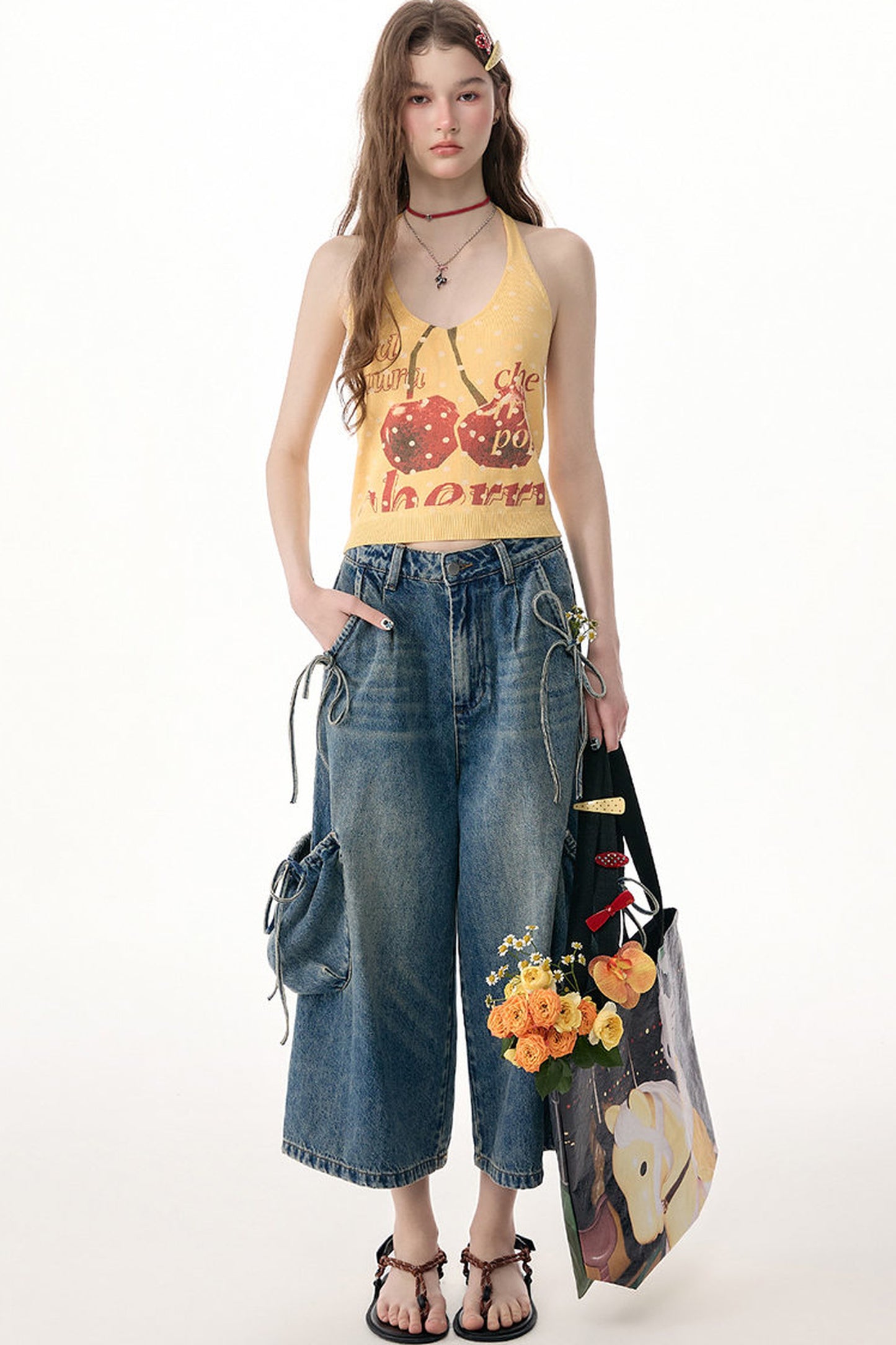 High-Waist Tie-Waist Cargo Denim Wide-Leg Pants