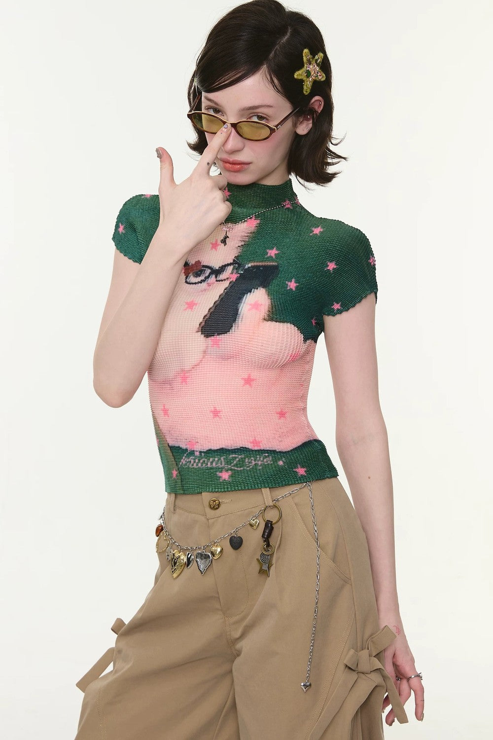 Green Star Cat Print Blouse