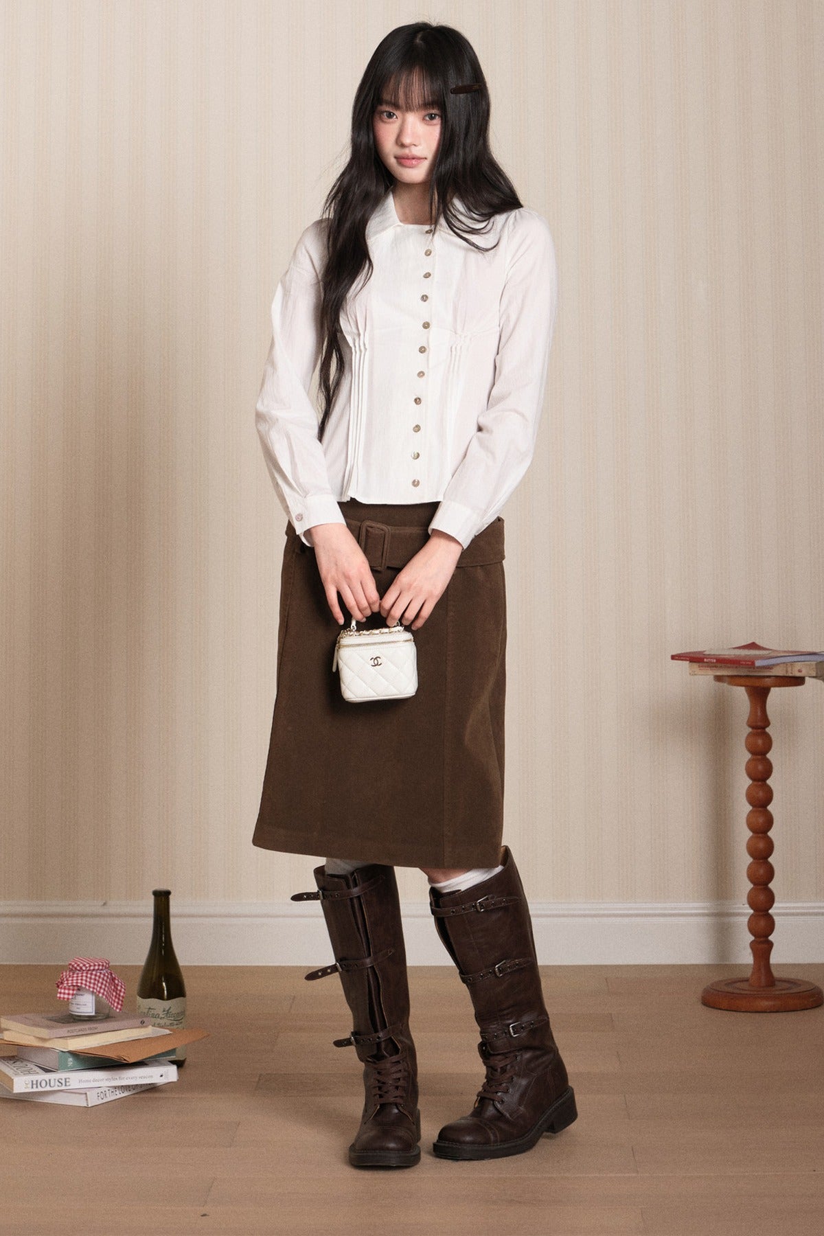 Pleated Shell Button Lapel Shirt