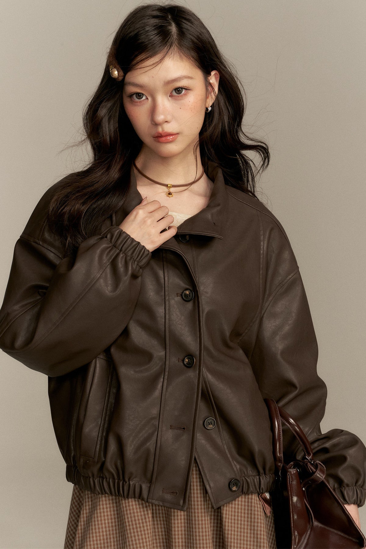 Barn Style Stand Collar Short Leather Jacket