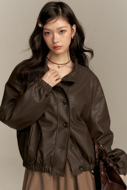 Barn Style Stand Collar Short Leather Jacket