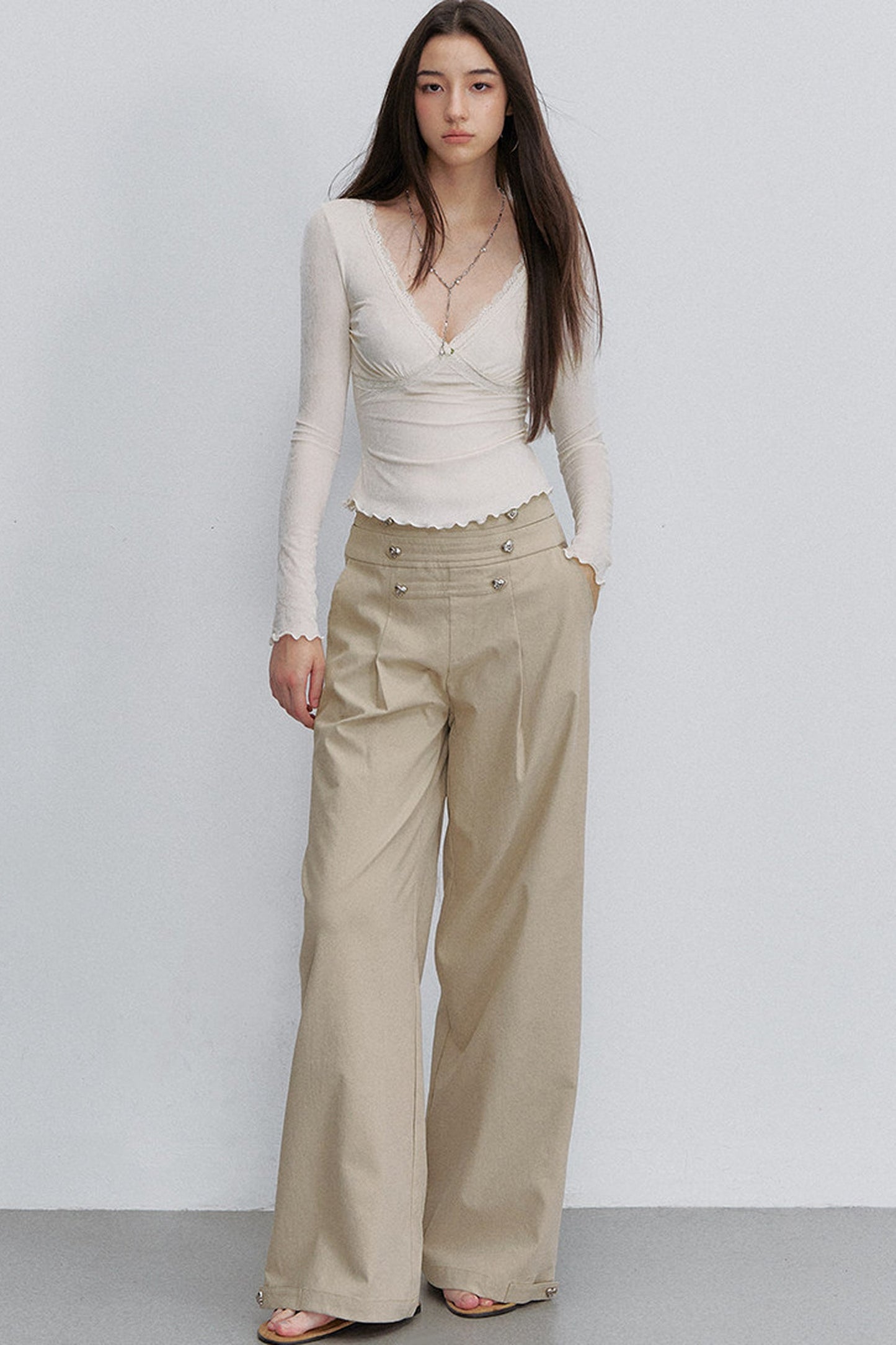 Pleated Heart Button Pants