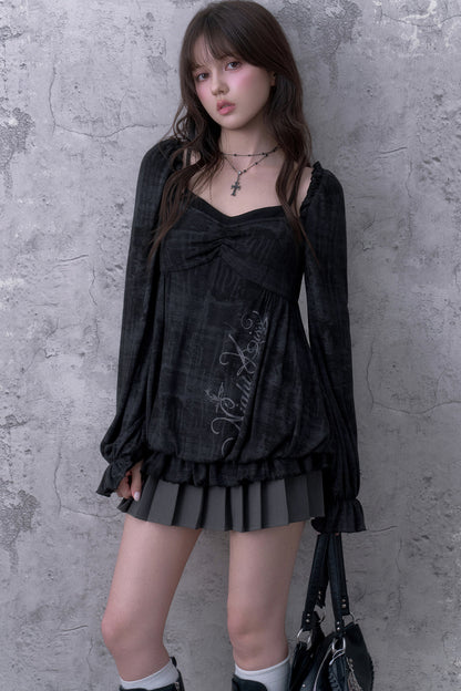 Schwarze Bluse in Lagenoptik mit Blumenmuster