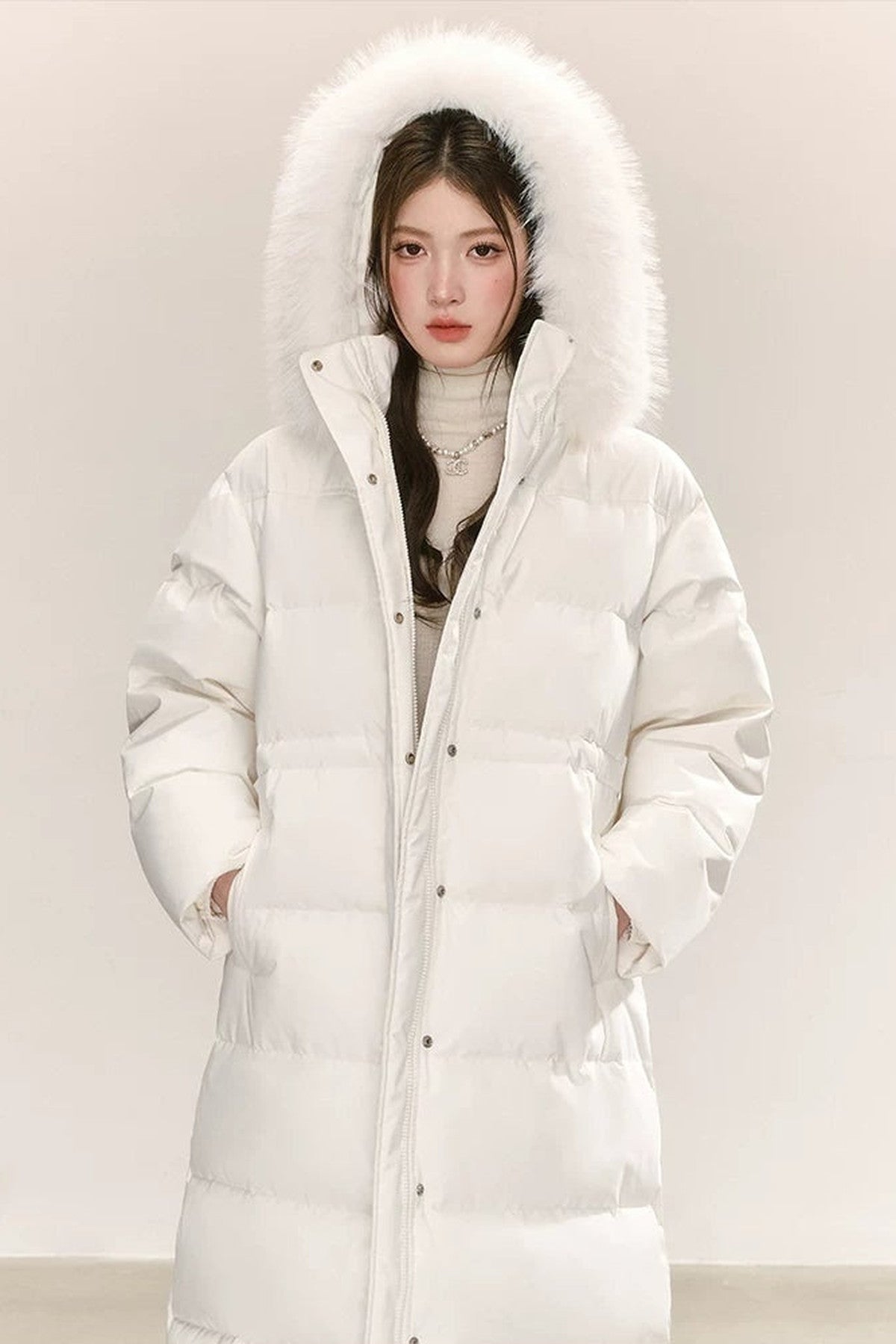 White Raccoon Fur Collar Down Jacket