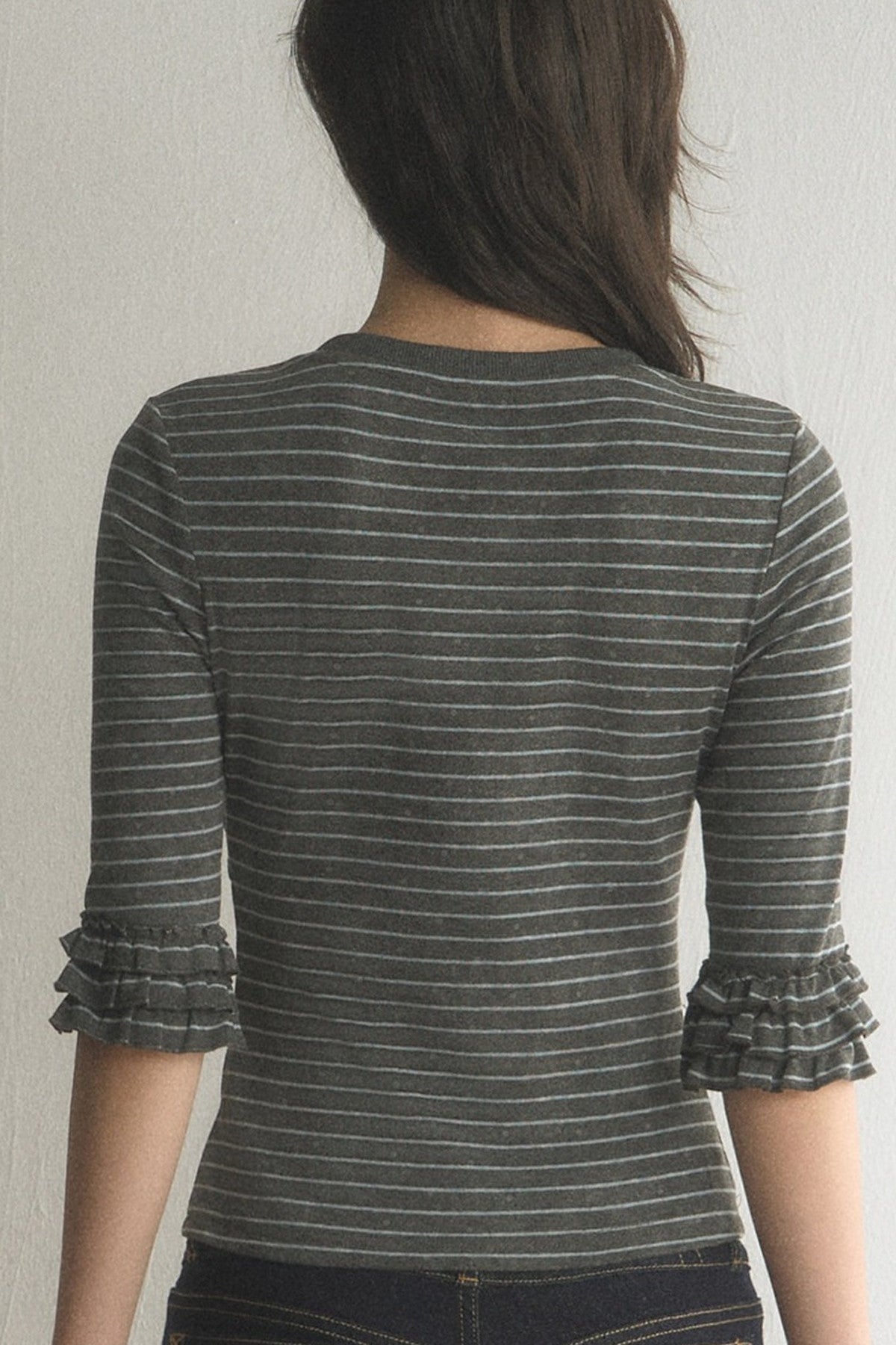 Striped Ruffled Patchwork Mid-Sleeve Top and Pants Set-Up