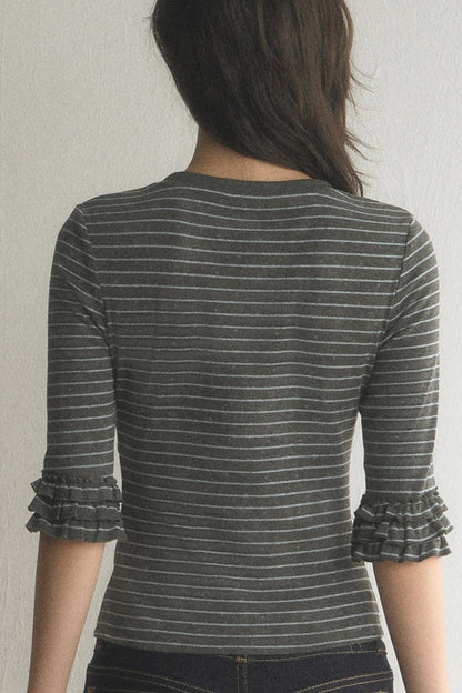 Striped Ruffled Patchwork Mid-Sleeve Top and Pants Set-Up