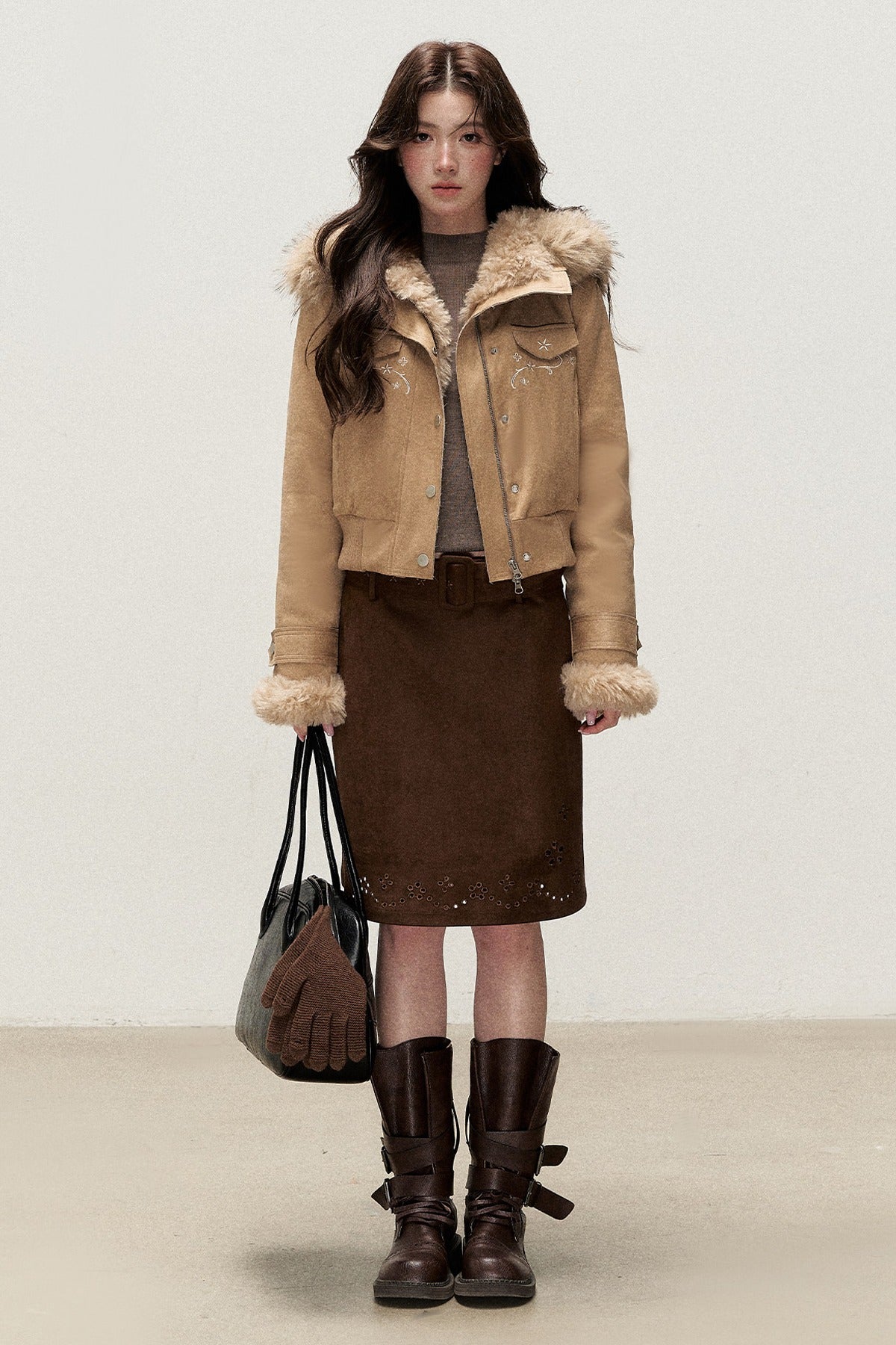 Embroidered Suede Fleece-Lined Jacket