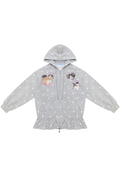 Cat Polka Dot Zipper Hooded Jacket
