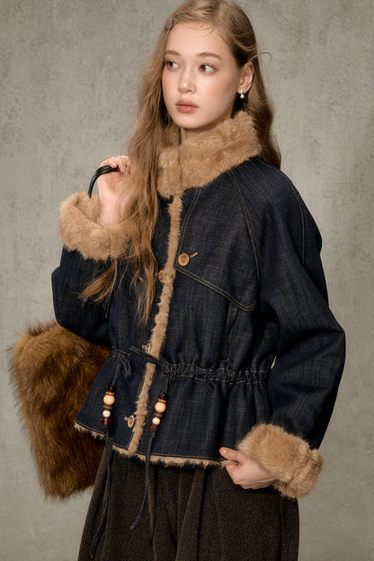 Fur Collar Denim Drawstring Jacket