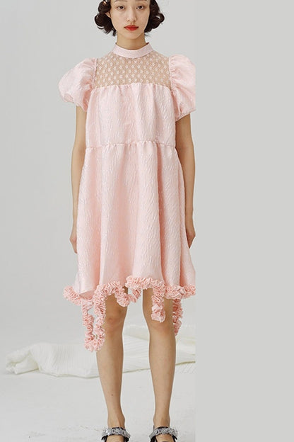 Lace Patchwork Puff Sleeve A-Line Dress