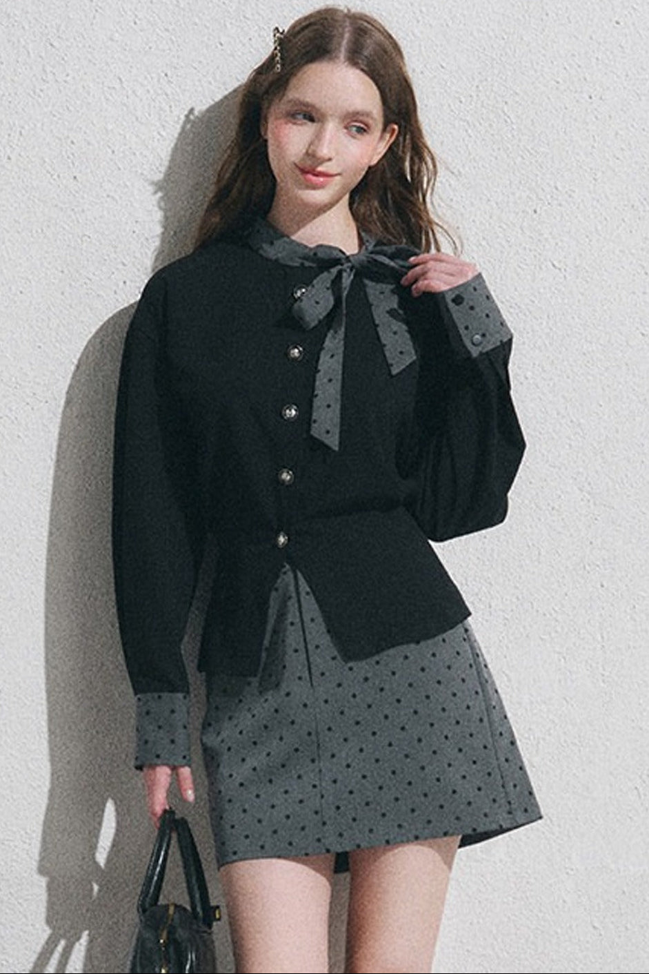 Gray Polka Dot Pullover Shirt and Half-Length Skirt Set-Up