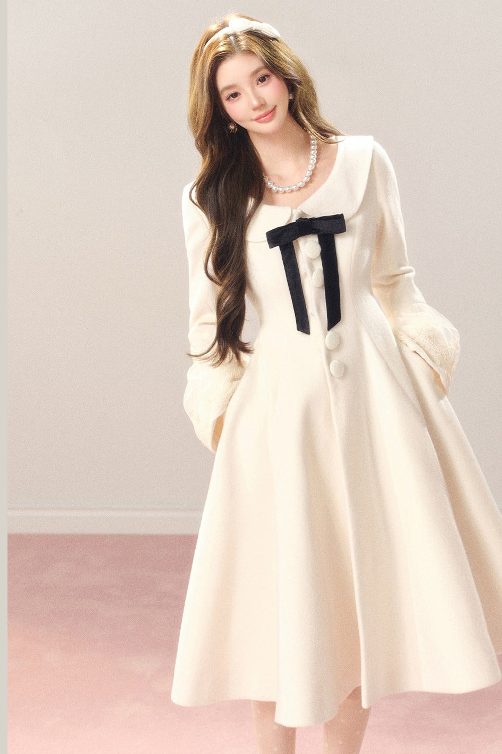 Flared Off-White Mid-Length Coat Dress