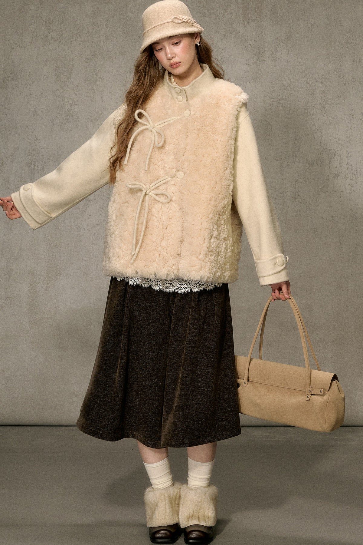 Fluffy Layered-Look Mid-Length Woolen Jacket