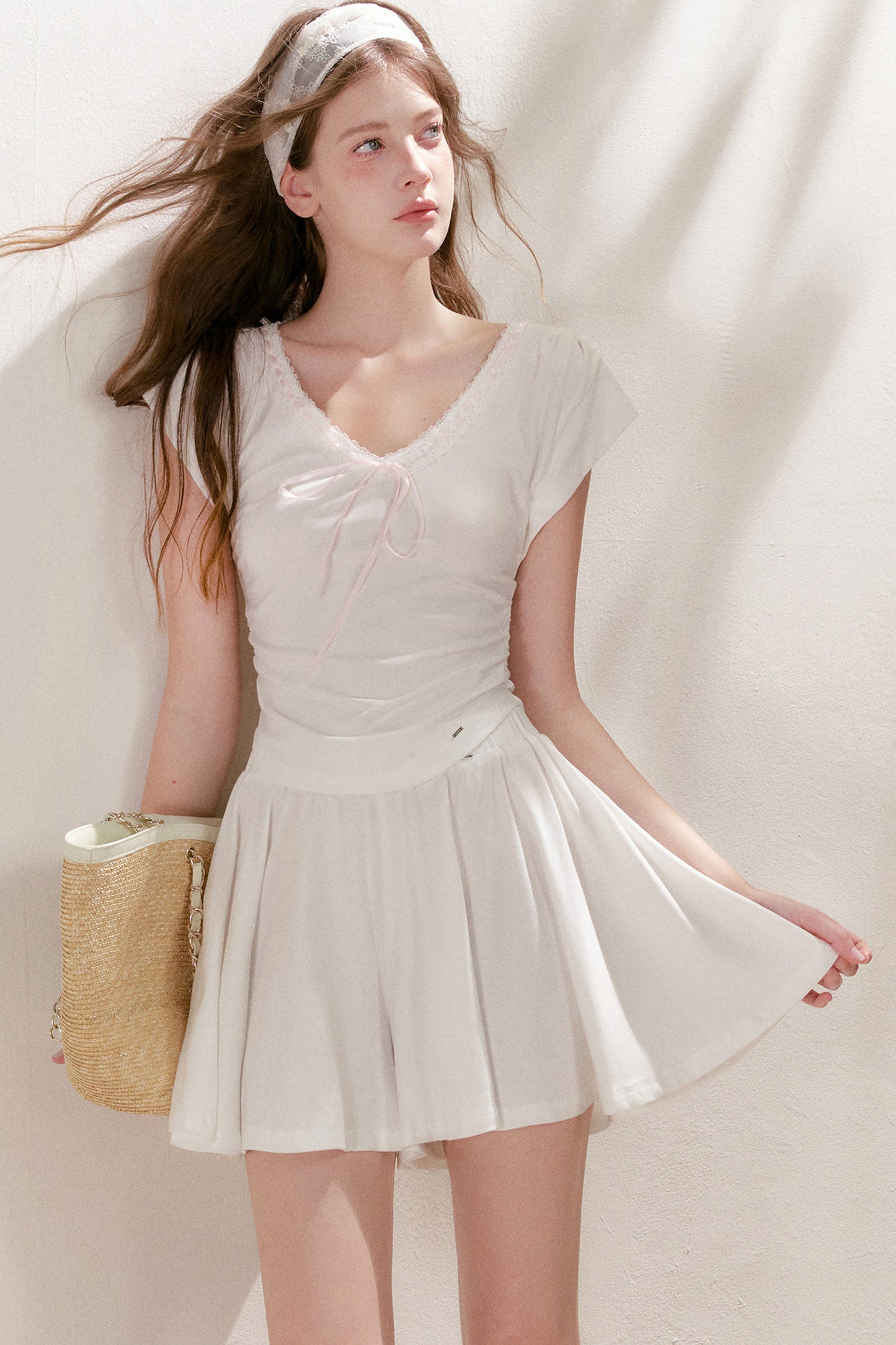 Lace Trim Tie-Up Top and High-Waisted Skirt Pants Set