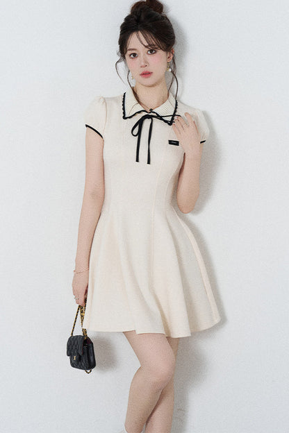French Style Puff Sleeve Cinched Waist Dress