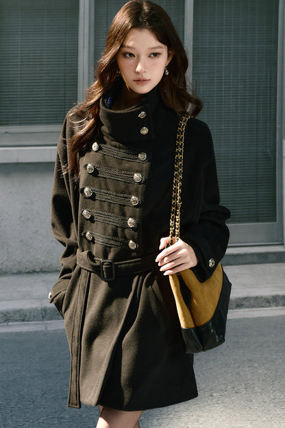 Double-Breasted Drop Shoulder Belted Woolen Coat