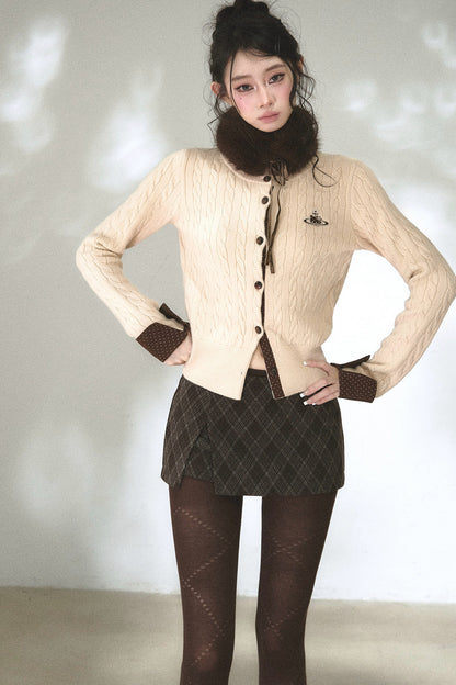 Color-Blocked Polka Dot Cable Knit Cardigan