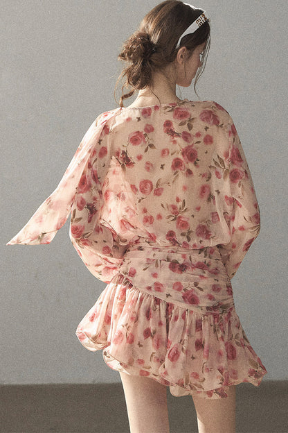 Puff Floral Chiffon Dress and Leggings Set