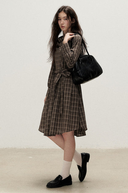 Diagonal Placket Plaid Ribbon Dress