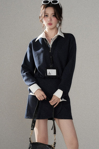 Layered-Look Polo Collar Sweatshirt Dress