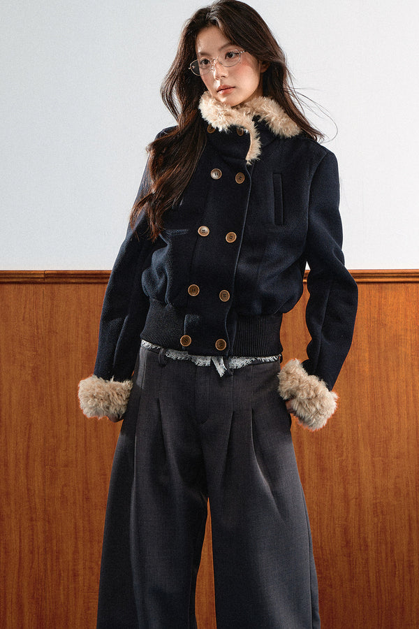 Double-Breasted Fur Trim Jacket
