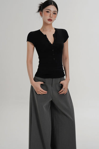 Wool Henley V-Neck Short Sleeve Top