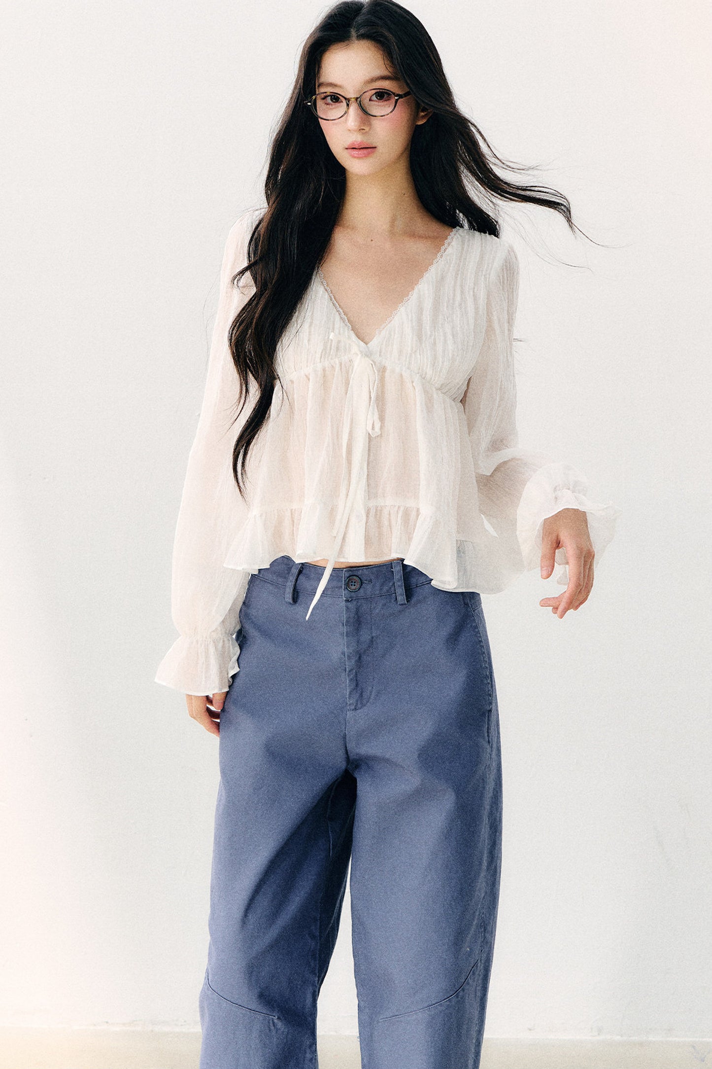 Tie Neck V-Neck Long Sleeve Ruffle Chiffon Blouse