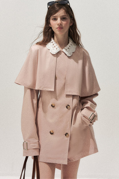 Detachable Cape Crochet Collar Trench Coat