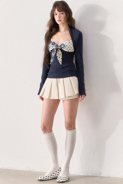 Polka Dot Waistband Layered-Look Pleated Skirt